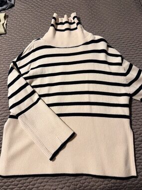 Striped Cream and Black Turtleneck Sweater